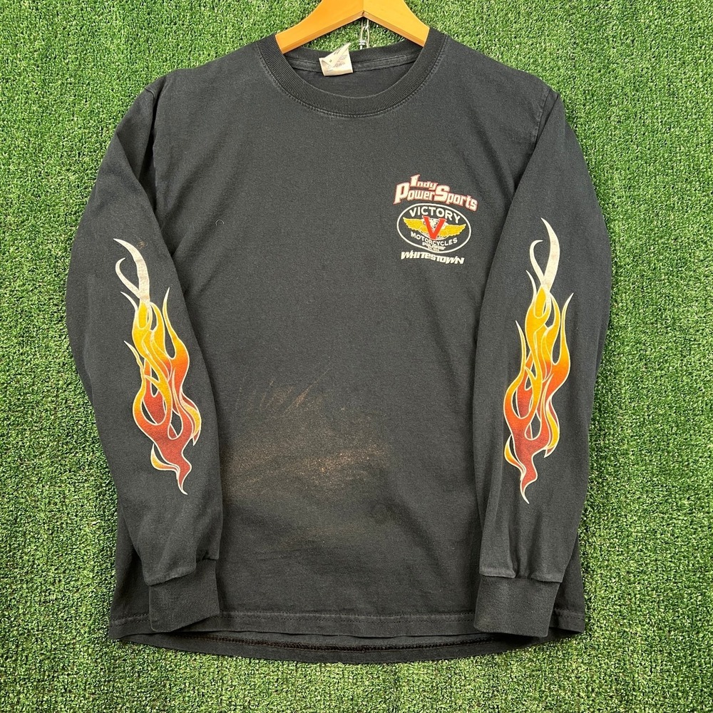 VTG Victory Motorcycles T-Shirt Mens M Black Indy Power Sports Flame Graphic Y2K